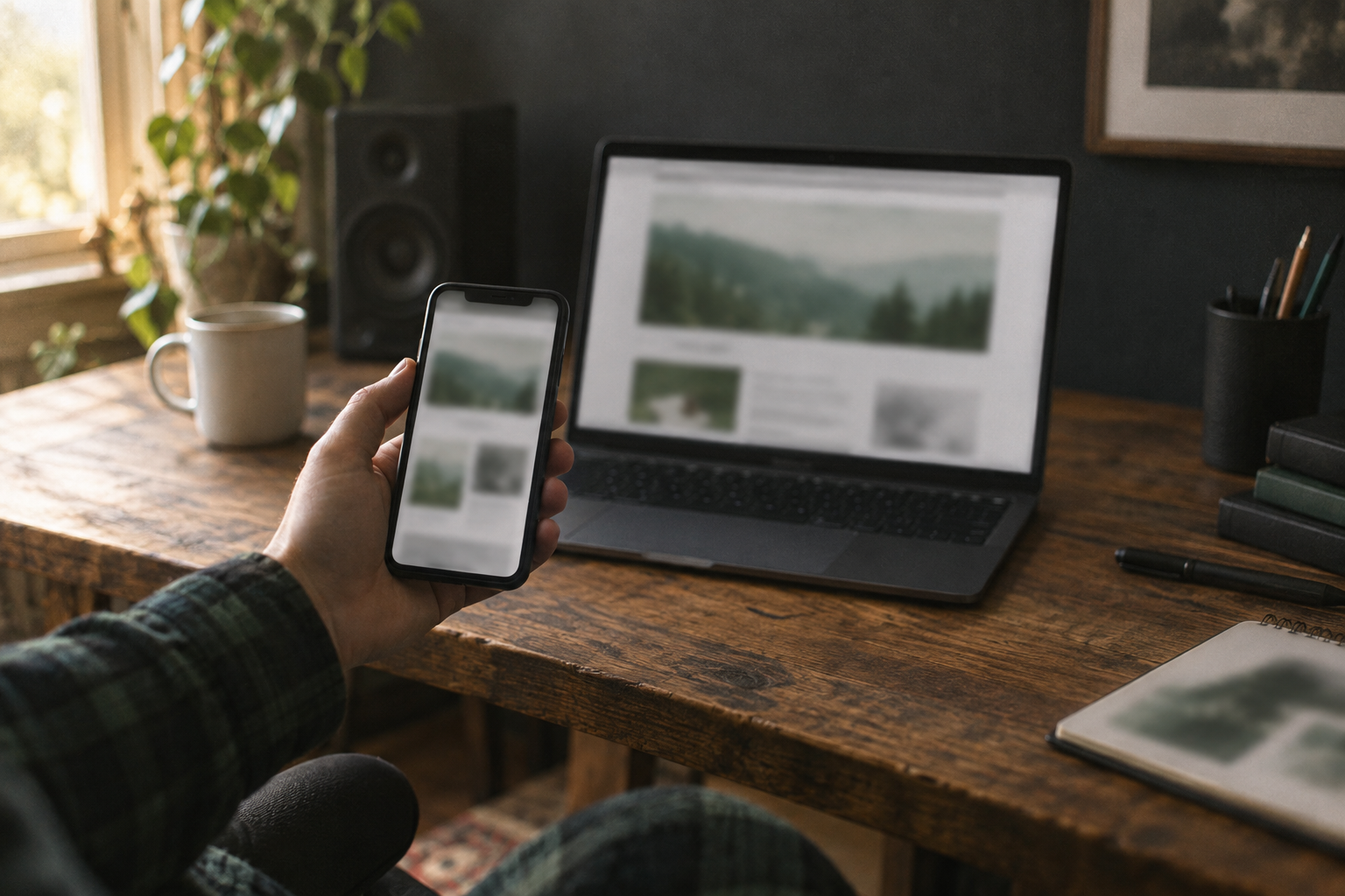 Dieselbe Website auf dem Handy und auf dem Laptop, unscharf