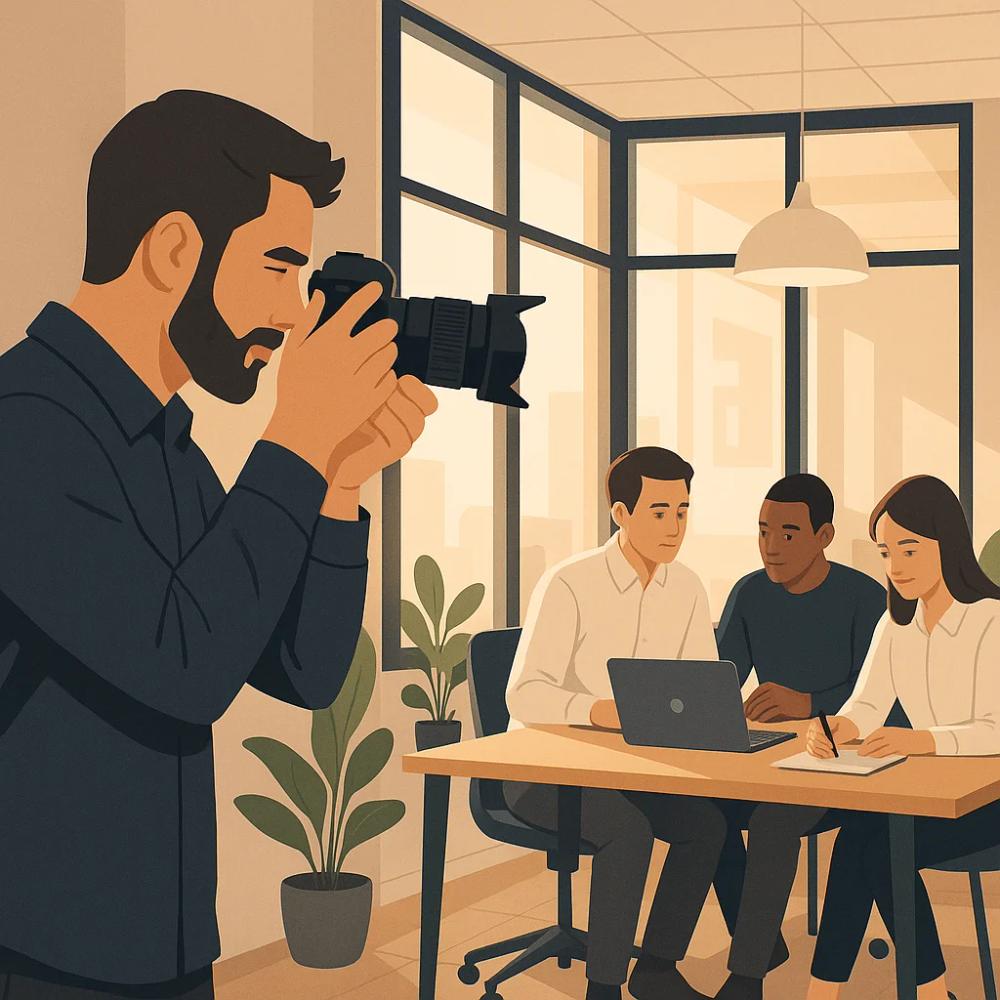 Ein Fotograf mit professioneller Kamera steht in einem modernen Büro und fotografiert ein Team bei der Arbeit, während im Hintergrund warmes, natürliches Licht durch große Fenster fällt.