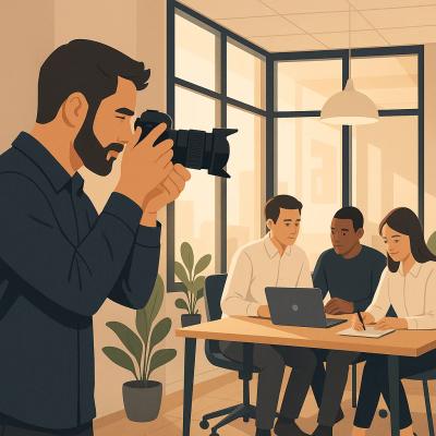 Ein Fotograf mit professioneller Kamera steht in einem modernen Büro und fotografiert ein Team bei der Arbeit, während im Hintergrund warmes, natürliches Licht durch große Fenster fällt.