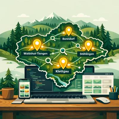 Eine illustrierte Karte des Landkreises Waldshut mit leuchtenden Markierungen für verschiedene Gemeinden (Waldshut-Tiengen, Bonndorf, Stühlingen, Klettgau), verbunden durch digitale Linien und Suchsymbole, die lokale Suchanfragen symbolisieren, im modernen Flat-Design-Stil mit warmen Farben.
