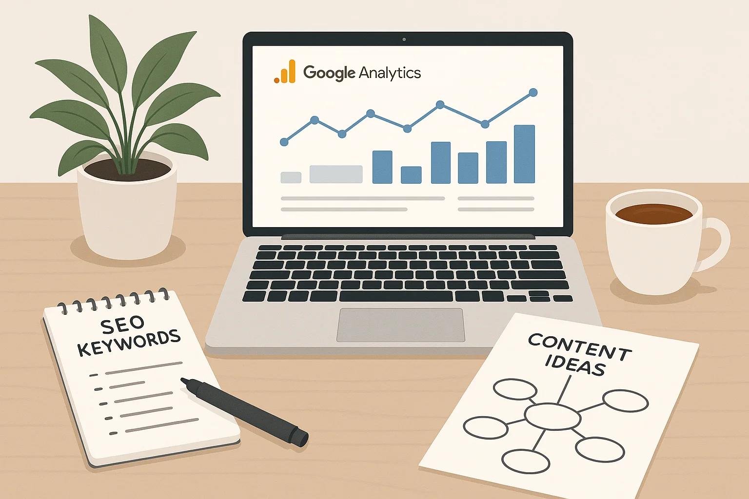 Ein aufgeräumter Schreibtisch mit einem Laptop, auf dem Google Analytics geöffnet ist. Daneben liegen Notizen mit SEO-Keywords und eine Mindmap für Content-Ideen. Eine Pflanze und eine Tasse Tee vervollständigen das Bild eines produktiven Arbeitsplatzes.