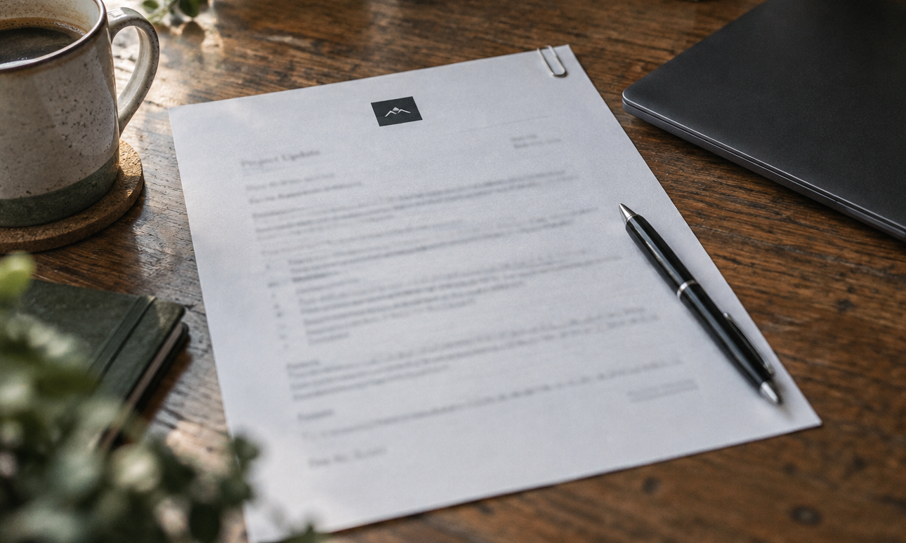 Ein einzelnes Blatt mit Büroklammer neben dem zugeklappten Laptop