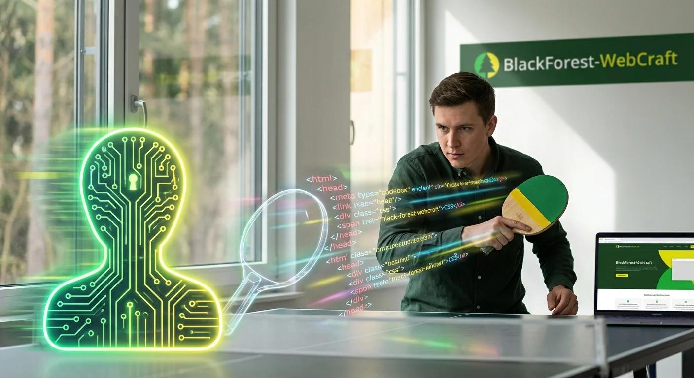 Zwei Tischtennisschläger, die Code-Snippets hin und her spielen – auf der einen Seite eine Person, auf der anderen ein stilisiertes KI-Symbol, beide konzentriert und in Bewegung, symbolisiert durch Bewegungslinien.