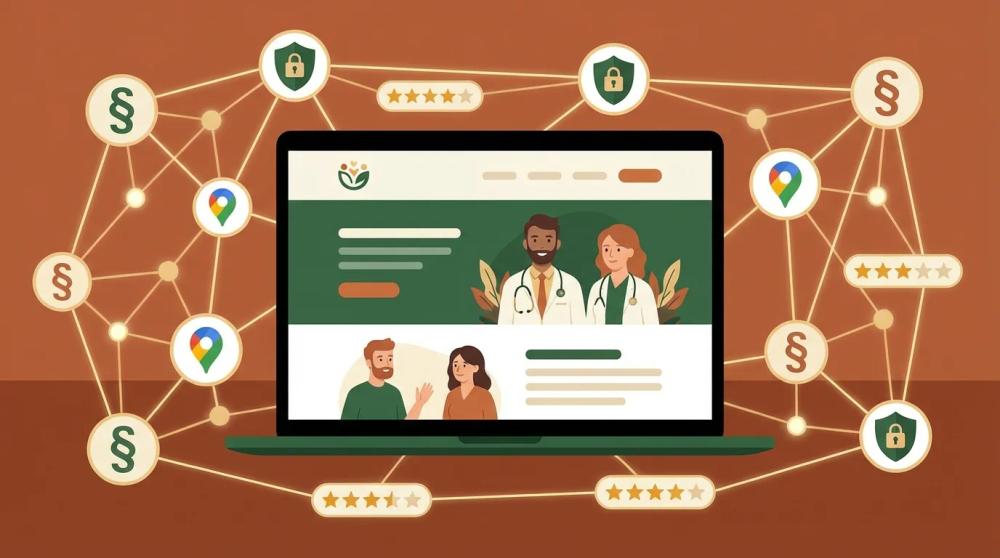 Eine stilisierte Darstellung einer Arztpraxis-Website auf einem Laptop-Bildschirm, umgeben von schwebenden Symbolen für Paragraphen, Datenschutz-Schilder, Google-Maps-Pins und Bewertungssterne, die alle in einem harmonischen, aber komplexen Netzwerk miteinander verbunden sind.