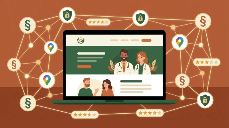 Eine stilisierte Darstellung einer Arztpraxis-Website auf einem Laptop-Bildschirm, umgeben von schwebenden Symbolen für Paragraphen, Datenschutz-Schilder, Google-Maps-Pins und Bewertungssterne, die alle in einem harmonischen, aber komplexen Netzwerk miteinander verbunden sind.