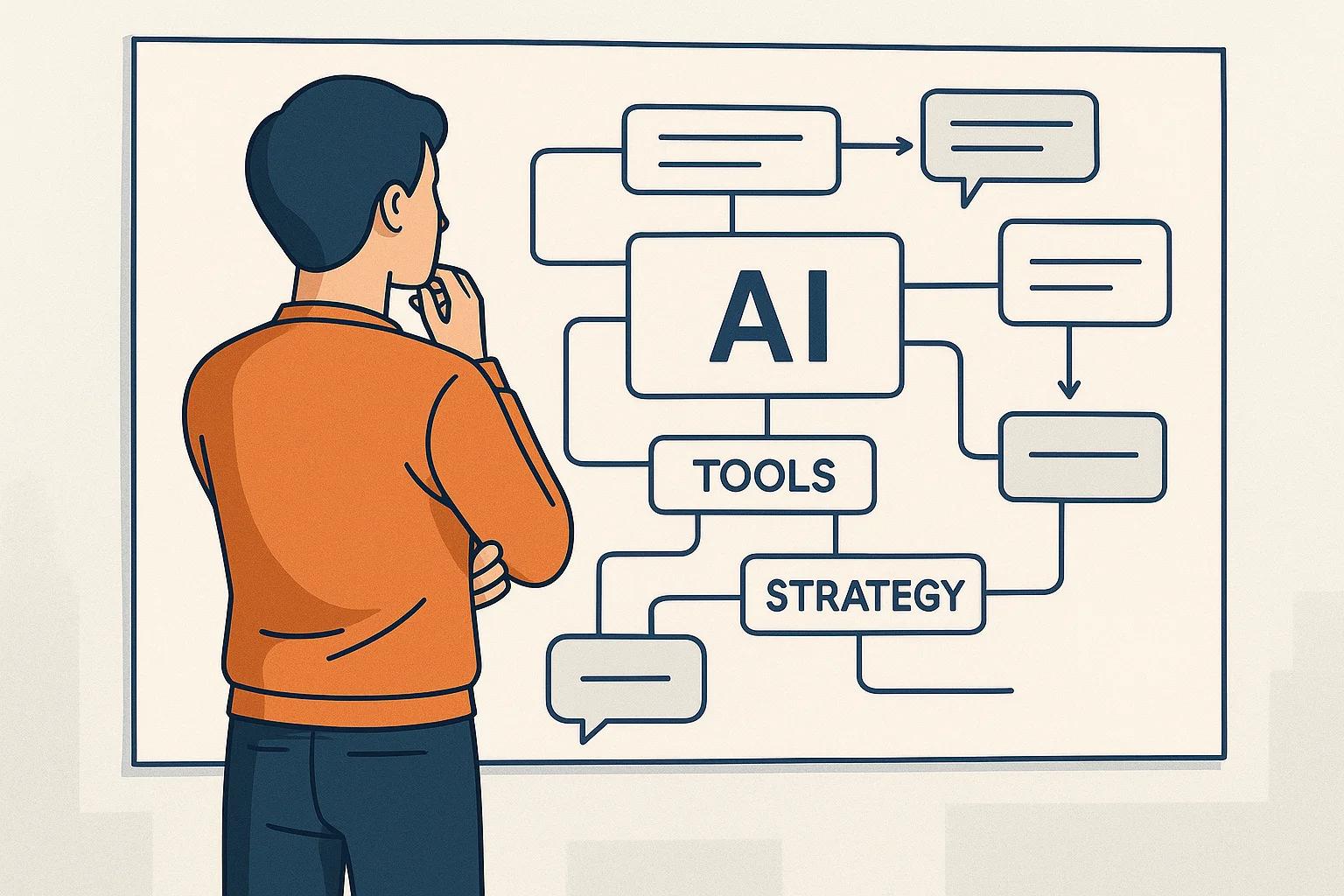 Eine Person steht vor einer großen, übersichtlichen Mindmap an der Wand, die verschiedene KI-Tools und Strategien zeigt, verbunden durch klare Linien und Pfeile, die einen durchdachten Plan darstellen.