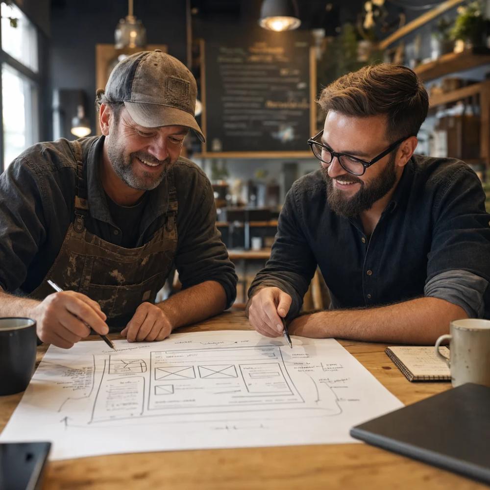 Ein Handwerker und ein Webdesigner sitzen an einem Holztisch, vor ihnen eine große Skizze mit Pfeilen, Notizen und einem groben Website-Wireframe. Beide lachen, im Hintergrund Kaffeetassen und ein Notizbuch -- warme, natürliche Atmosphäre.