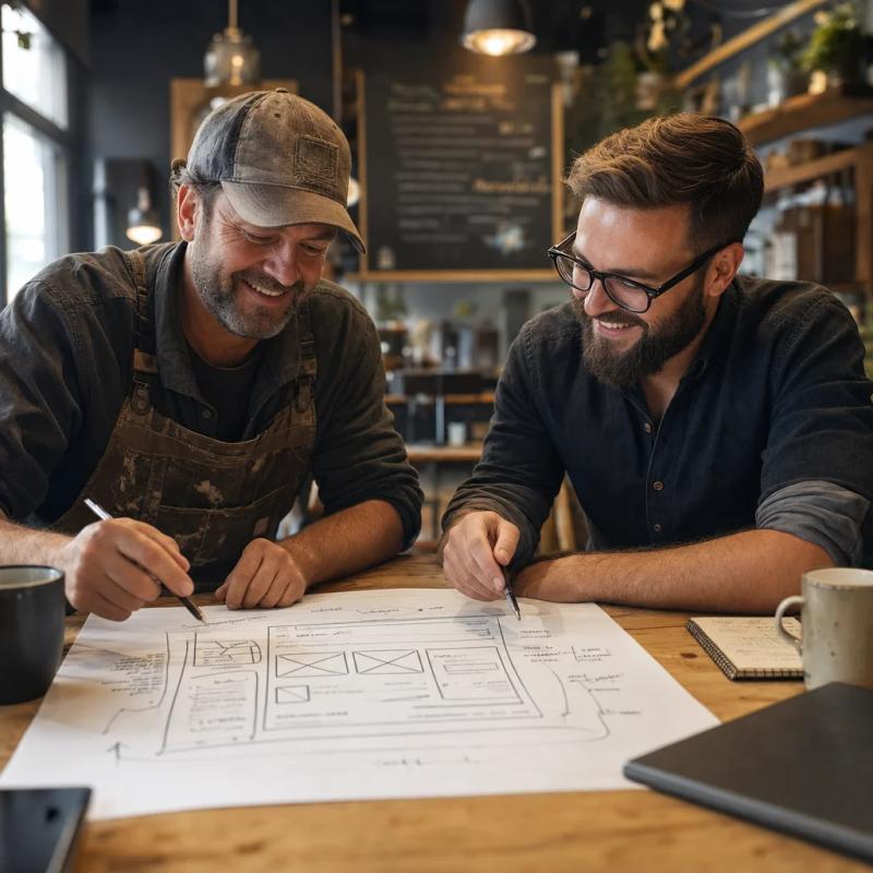 Ein Handwerker und ein Webdesigner sitzen an einem Holztisch, vor ihnen eine große Skizze mit Pfeilen, Notizen und einem groben Website-Wireframe. Beide lachen, im Hintergrund Kaffeetassen und ein Notizbuch -- warme, natürliche Atmosphäre.