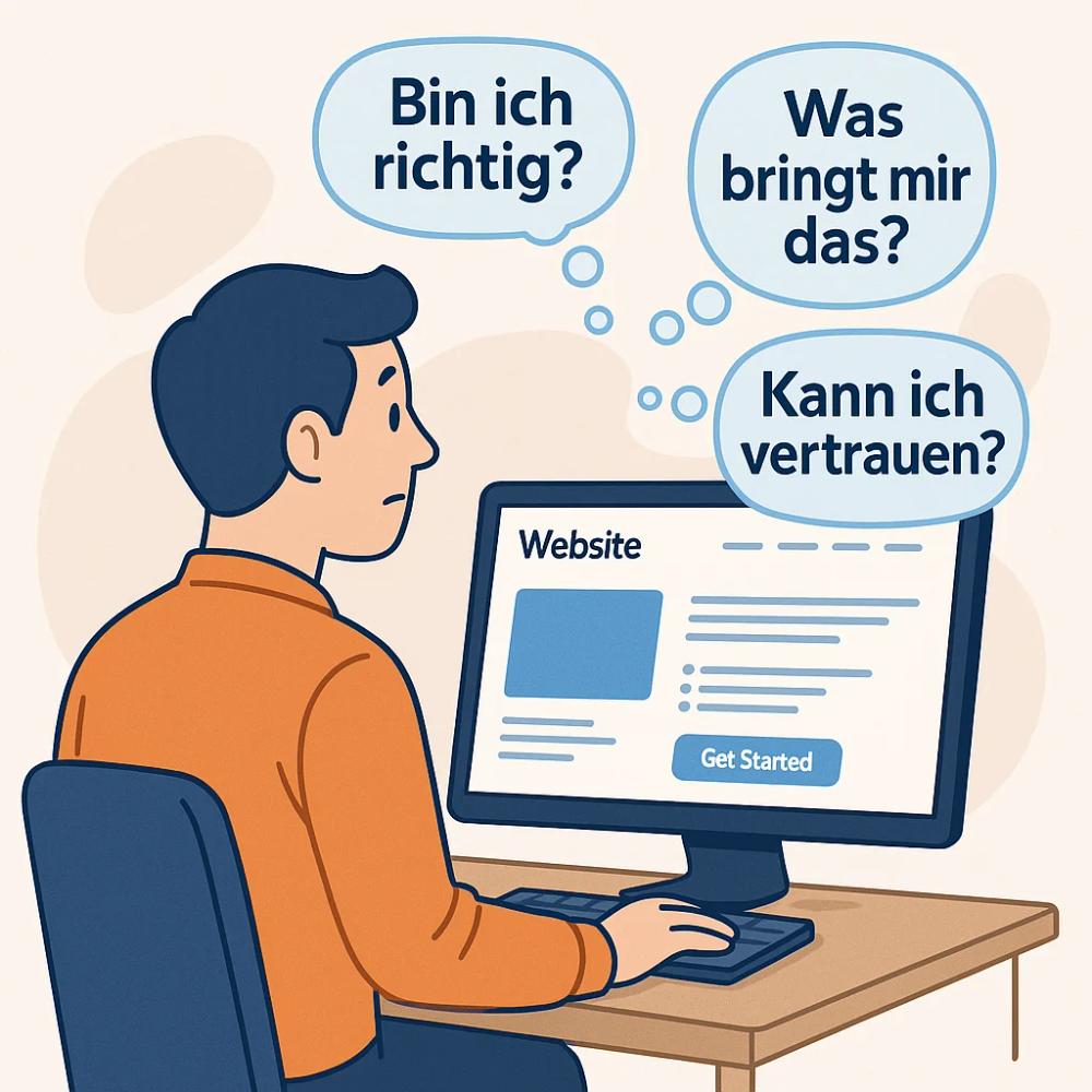 Ein Besucher sitzt vor seinem Computer und betrachtet eine Website-Startseite, während über seinem Kopf drei Gedankenblasen schweben mit den Fragen "Bin ich richtig?", "Was bringt mir das?" und "Kann ich vertrauen?", dargestellt in einem modernen, freundlichen Illustrationsstil.
