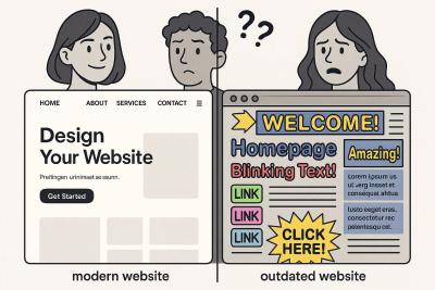 Ein geteilter Bildschirm zeigt links eine moderne, elegante Website und rechts eine veraltete Website aus den 2000ern mit blinkenden Elementen und schlechter Typografie, während im Hintergrund Gesichter von Besuchern unterschiedliche Reaktionen zeigen.