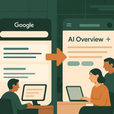 Ein geteilter Bildschirm zeigt links traditionelle Google-Suchergebnisse und rechts die neue AI Overview-Ansicht, mit einem Pfeil der den Wandel symbolisiert, vor dem Hintergrund einer modernen Büroumgebung.