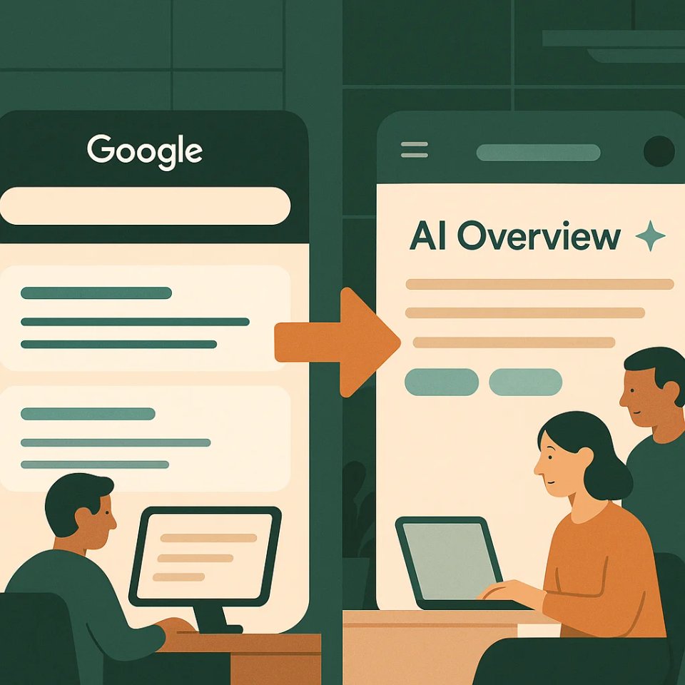 Ein geteilter Bildschirm zeigt links traditionelle Google-Suchergebnisse und rechts die neue AI Overview-Ansicht, mit einem Pfeil der den Wandel symbolisiert, vor dem Hintergrund einer modernen Büroumgebung.