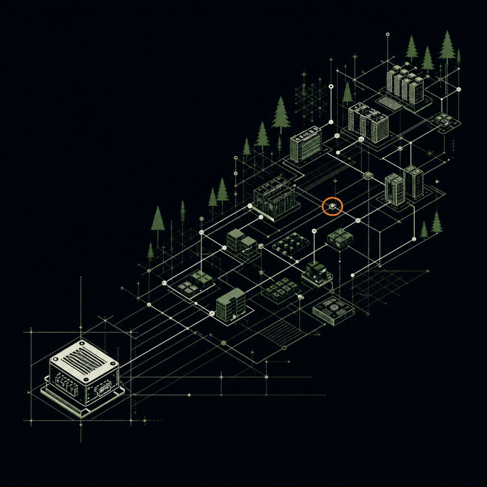 Technisches Waldwerk-Poster: aus einem einzelnen Baustein wächst ein vernetztes System
