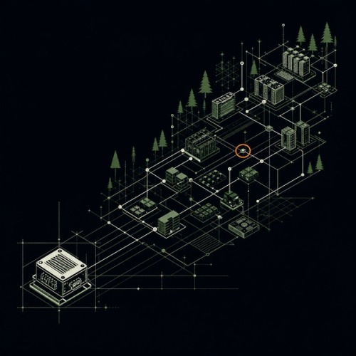Technisches Waldwerk-Poster: aus einem einzelnen Baustein wächst ein vernetztes System