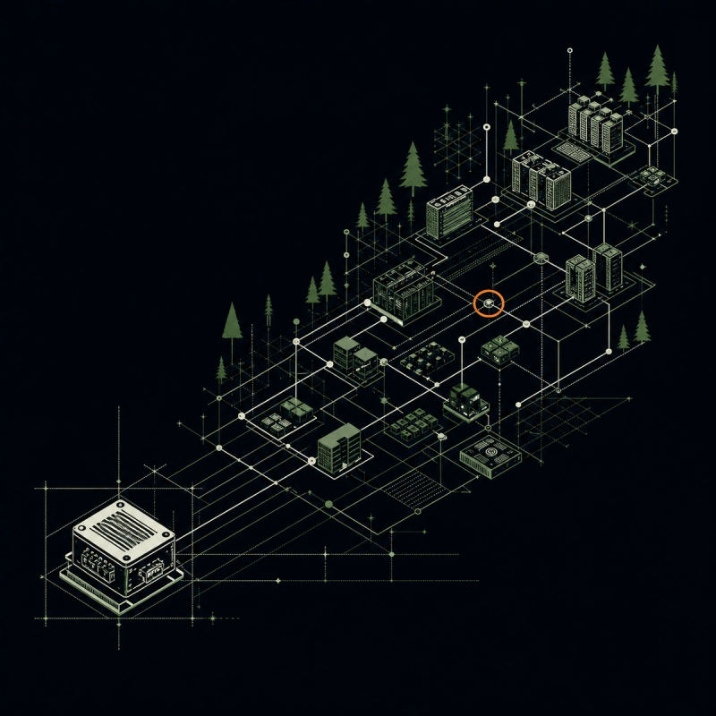 Technisches Waldwerk-Poster: aus einem einzelnen Baustein wächst ein vernetztes System