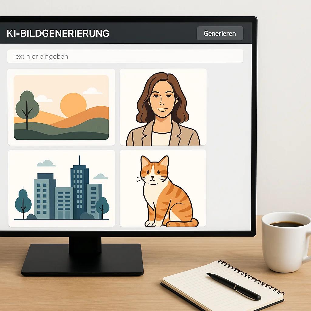 Ein Computer-Bildschirm zeigt eine KI-Bildgenerierungssoftware mit verschiedenen generierten Bildern, während daneben Kaffeetasse und Notizblock auf einem aufgeräumten Schreibtisch stehen.