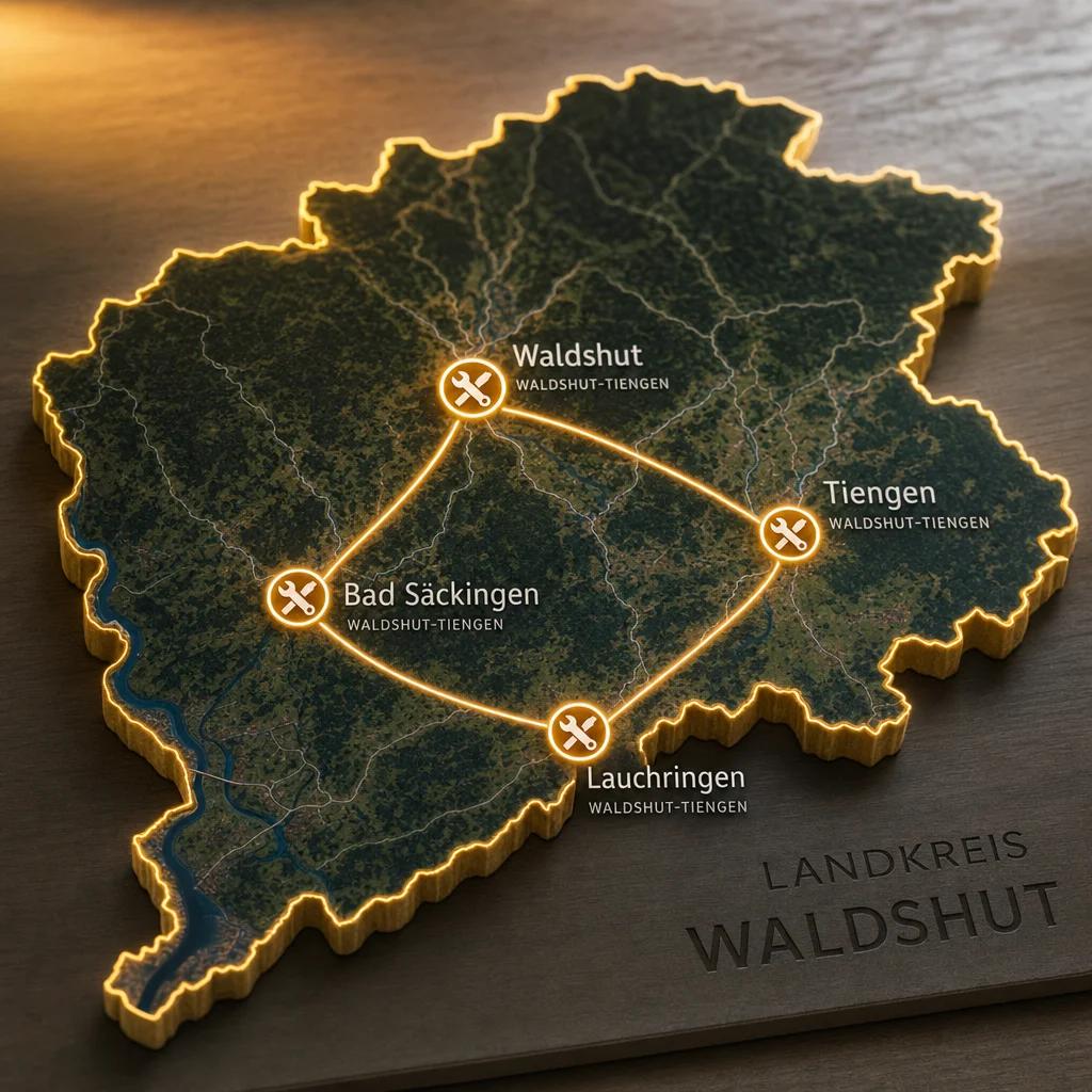 Eine stilisierte Landkarte vom Landkreis Waldshut, auf der einzelne Orte wie Waldshut, Tiengen, Bad Säckingen und Lauchringen mit kleinen Werkzeug-Icons markiert sind, verbunden durch leuchtende Linien, im Stil einer modernen Infografik mit warmen Farben.