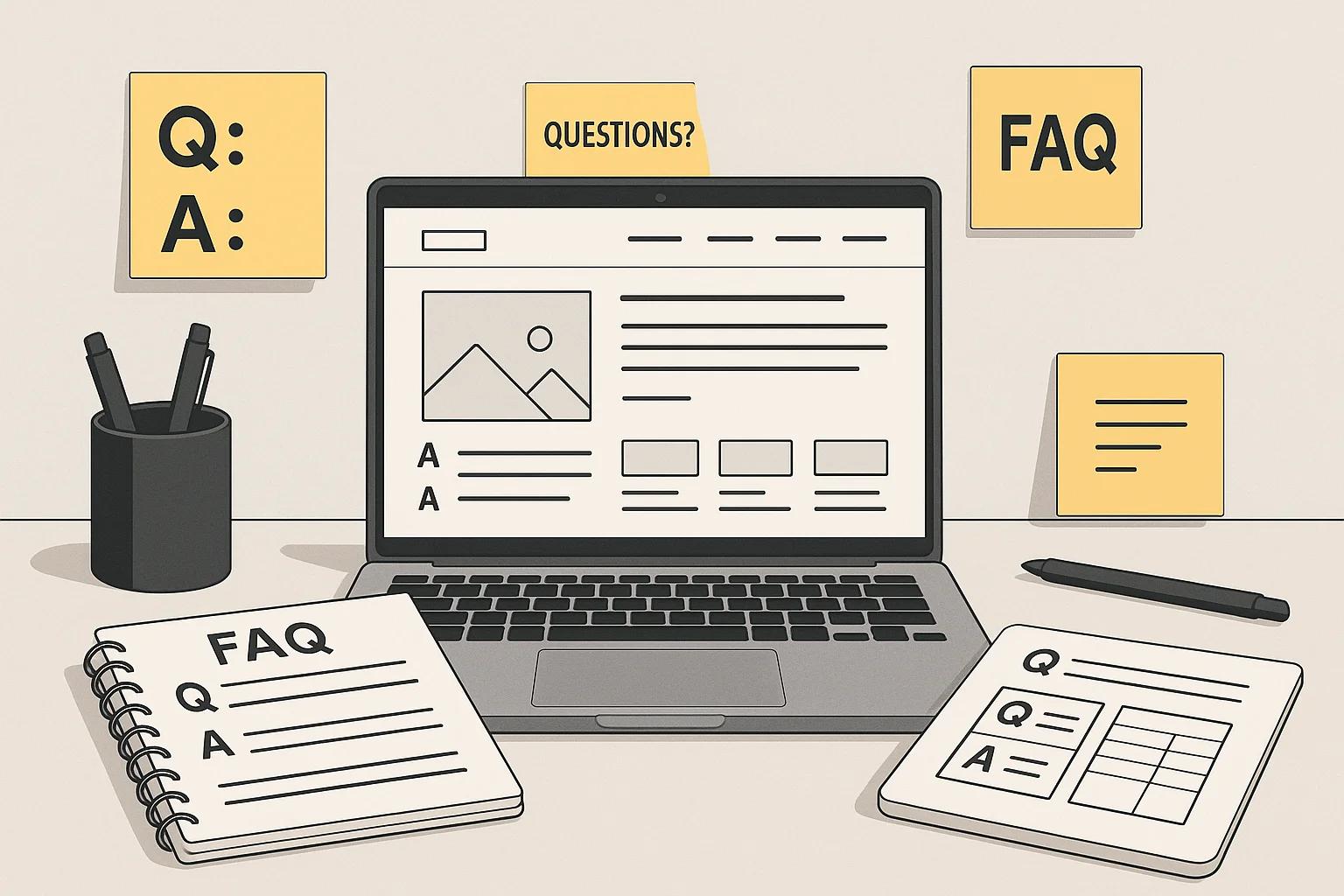 Ein aufgeräumter Arbeitsplatz mit einem geöffneten Laptop, auf dem eine Website-Struktur zu sehen ist, umgeben von Post-it-Notizen mit Fragen und Antworten, sowie einem Notizbuch mit Skizzen für FAQ-Sektionen.