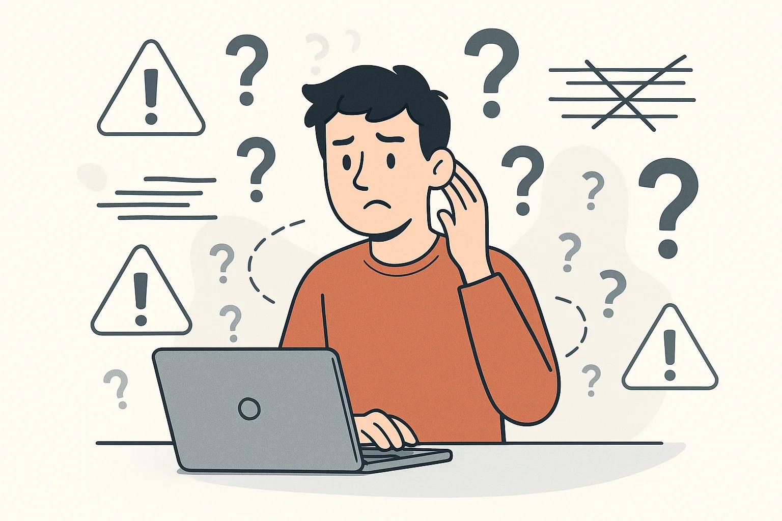 Eine humorvolle Darstellung zeigt eine Person, die verwirrt vor einem Computer sitzt, während um sie herum chaotisch angeordnete Fragezeichen, durchgestrichene Texte und Warnsymbole schweben, die typische AOE-Fehler symbolisieren.