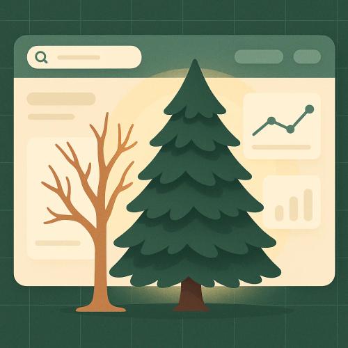 Eine immergrüne Tanne steht neben einem verwelkten Laubbaum, wobei die Tanne von einem sanften, goldenen Licht umgeben ist, das Beständigkeit und Nachhaltigkeit symbolisiert. Im Hintergrund sind subtile Website-Elemente wie Suchleisten und Traffic-Grafiken zu sehen.
