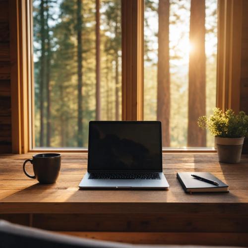 Ein aufgeräumter Schreibtisch mit nur einem Laptop, einer Tasse Kaffee und einem Notizbuch, im Hintergrund ein Fenster mit Blick in den Wald, warmes Morgenlicht, absolute Ruhe und Konzentration.