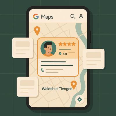 Ein Smartphone zeigt Google Maps mit mehreren lokalen Unternehmen in Waldshut-Tiengen, wobei ein Business Profile besonders hervorsticht mit vollständigen Informationen, während andere leer und unvollständig erscheinen.