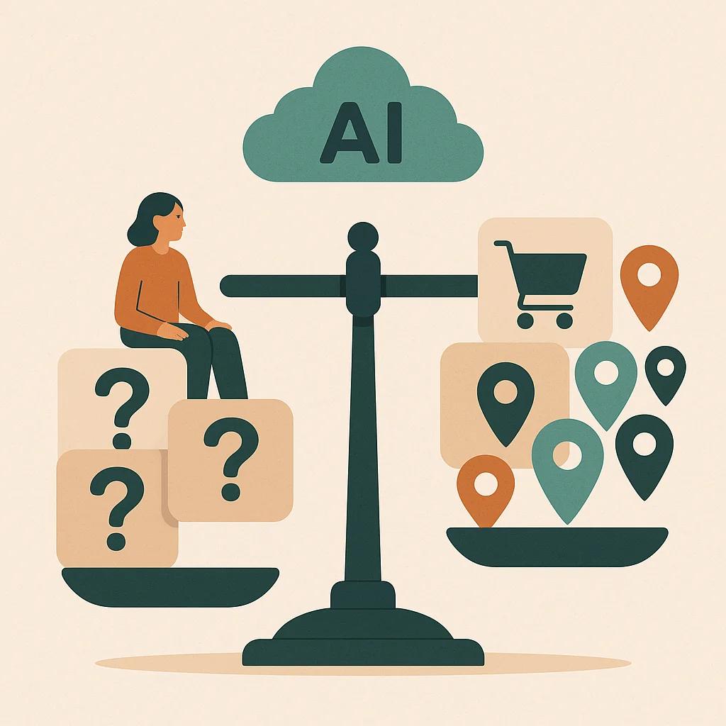 Eine Waage zeigt auf der einen Seite verschiedene Fragezeichen (für informative Queries) und auf der anderen Seite Einkaufssymbole und Standort-Pins (für transaktionale Queries), mit einer KI-Wolke darüber.