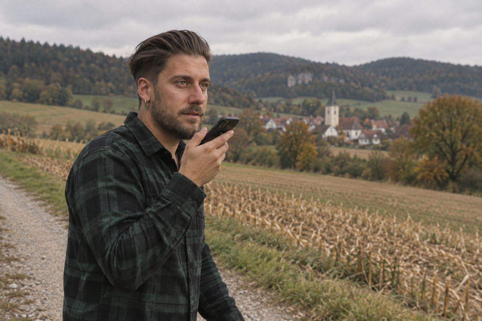 Ivo auf einem Feldweg im Klettgau, spricht eine Sprachnotiz ins Handy