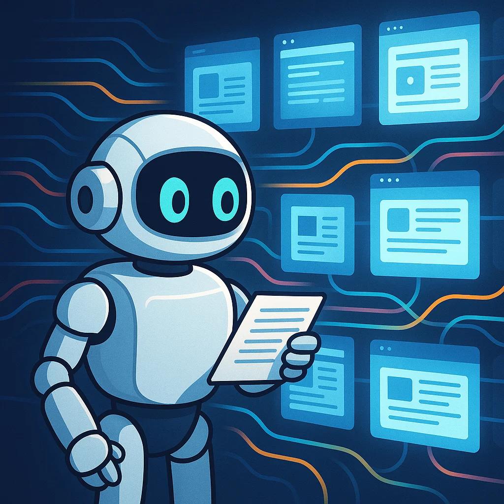 Ein stilisierter Roboter mit freundlichen Augen durchsucht eine digitale Bibliothek voller leuchtender Dokumente und Webseiten, während strukturierte Datenströme in Form von bunten Linien zwischen den Inhalten fließen.