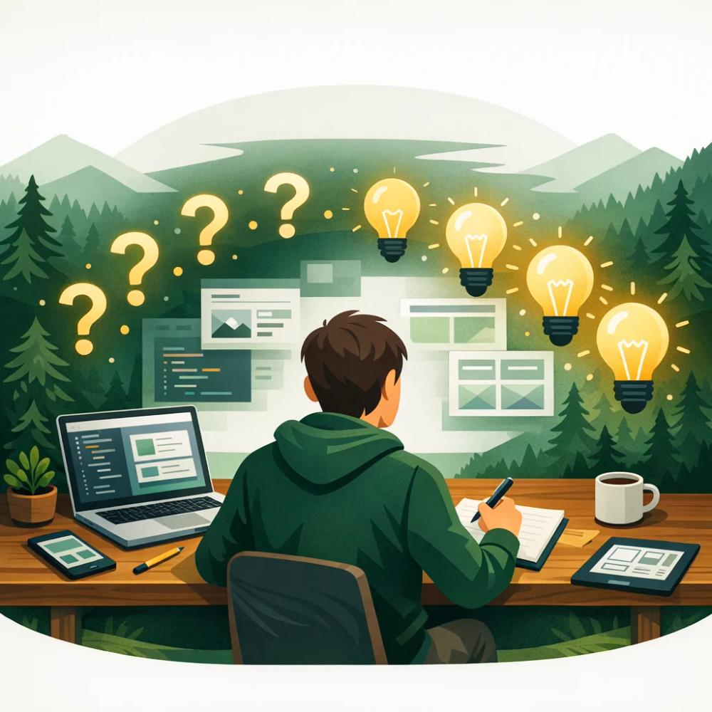 Eine Person sitzt an einem Schreibtisch mit Notizblock und Laptop, während um sie herum leuchtende Fragezeichen schweben, die sich langsam in klare Glühbirnen verwandeln – symbolisch für den Klärungsprozess im Discovery-Workshop.