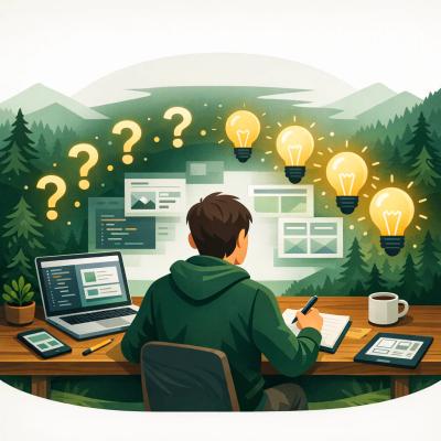 Eine Person sitzt an einem Schreibtisch mit Notizblock und Laptop, während um sie herum leuchtende Fragezeichen schweben, die sich langsam in klare Glühbirnen verwandeln – symbolisch für den Klärungsprozess im Discovery-Workshop.