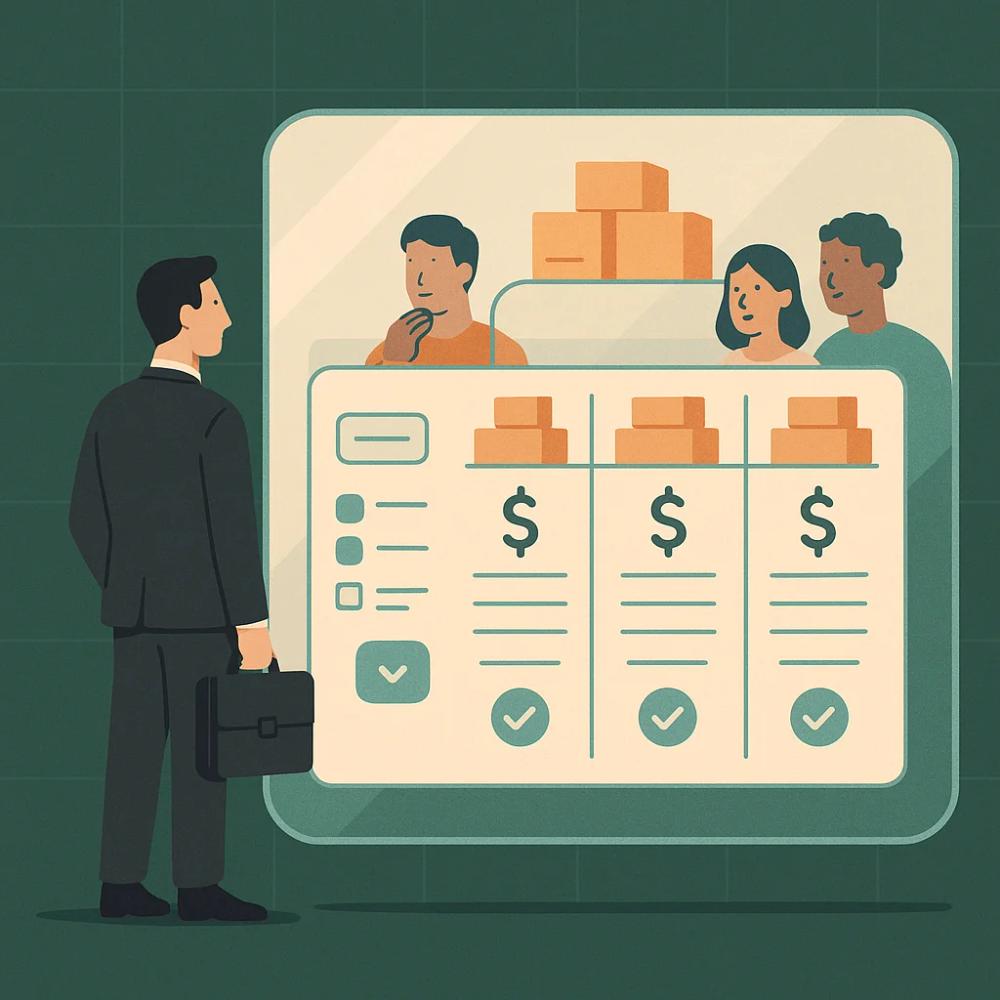 Ein Geschäftsmann steht vor einer großen Glaswand mit sichtbaren Preistabellen und Paketen dahinter, während andere Personen interessiert durch das transparente Glas schauen – symbolisiert Offenheit und Vertrauen in der Geschäftswelt.