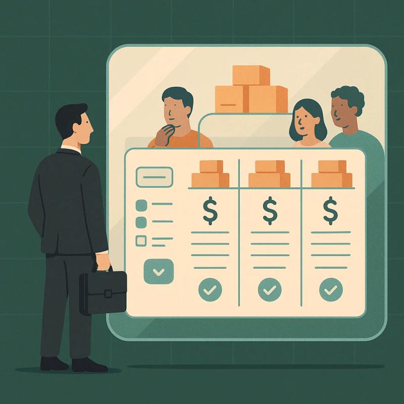 Ein Geschäftsmann steht vor einer großen Glaswand mit sichtbaren Preistabellen und Paketen dahinter, während andere Personen interessiert durch das transparente Glas schauen – symbolisiert Offenheit und Vertrauen in der Geschäftswelt.