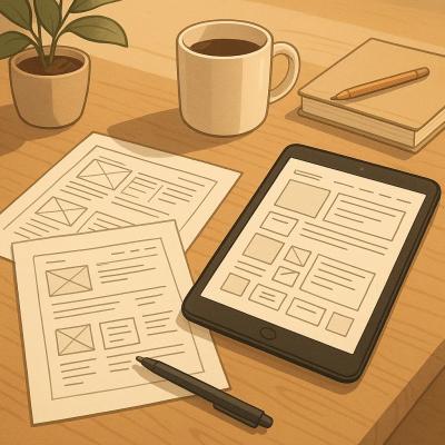 Ein aufgeräumter Schreibtisch mit Papier-Skizzen von Website-Layouts, daneben ein Tablet mit digitalen Wireframes, alles in warmen, natürlichen Farben mit sanftem Licht.