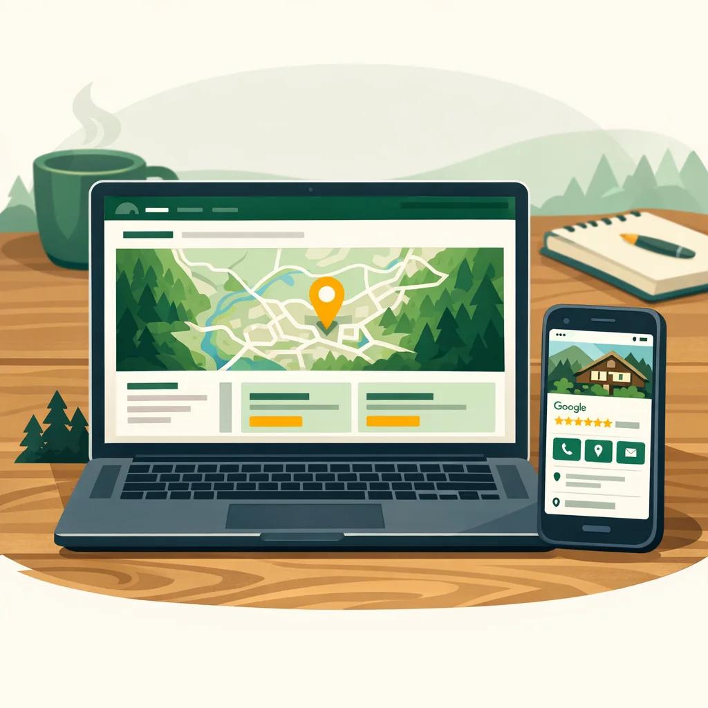 Ein aufgeklappter Laptop auf einem Holztisch, auf dessen Bildschirm eine Website mit einer prominent eingebundenen Google-Maps-Karte zu sehen ist, daneben liegt ein Smartphone mit einem ausgefüllten Google Unternehmensprofil, im Hintergrund unscharf eine Kaffeetasse und Notizblock.