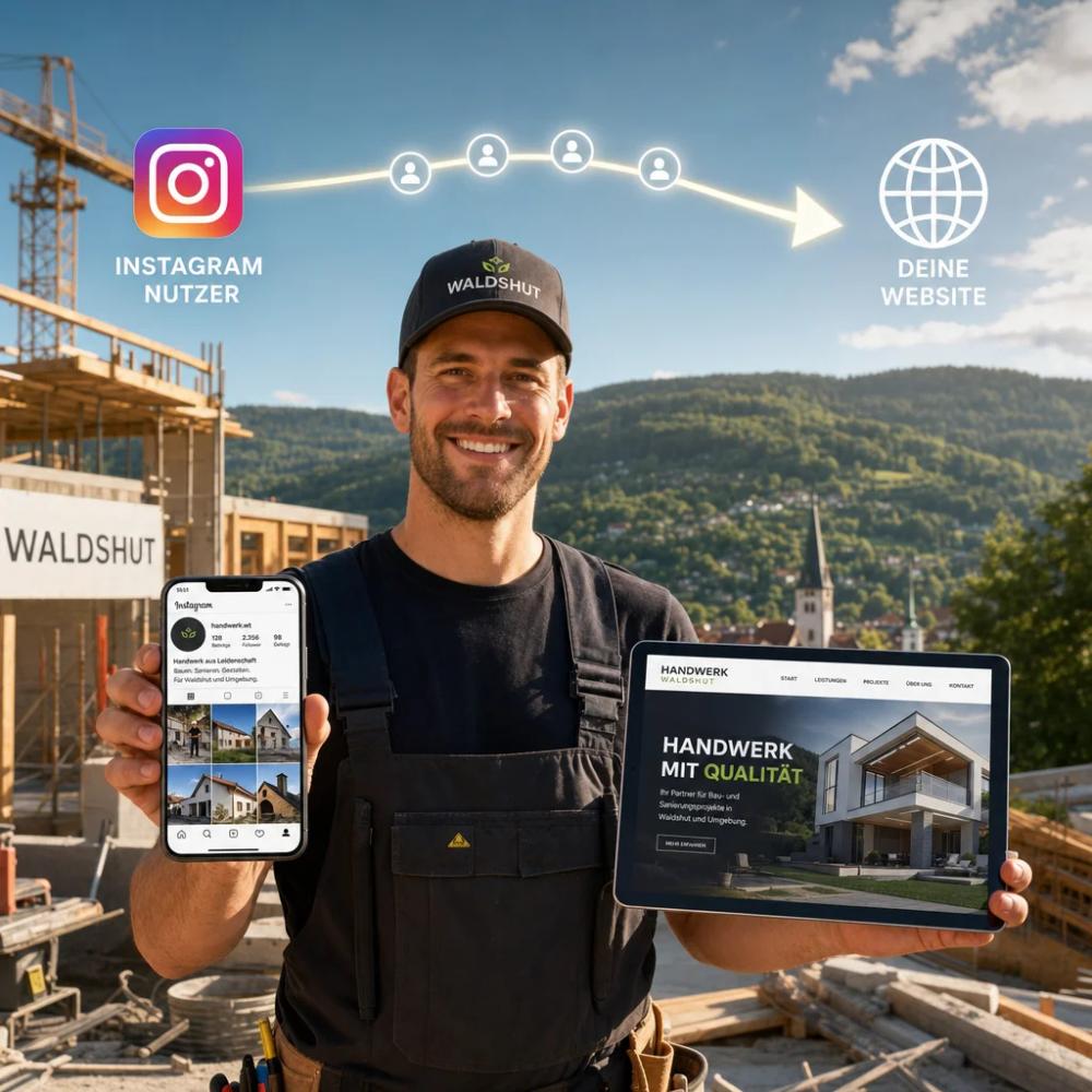 Ein Handwerker steht auf einer Baustelle in Waldshut, in der einen Hand ein Smartphone mit Instagram-Feed, in der anderen Hand ein Tablet mit einer Website. Über ihm schwebt ein Pfeil-Diagramm, das zeigt, wie Instagram-Nutzer zur Website fließen. Sonnige Schwarzwald-Landschaft im Hintergrund.