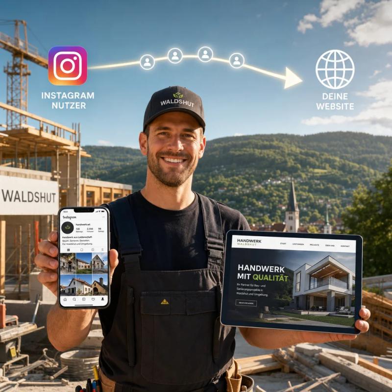 Ein Handwerker steht auf einer Baustelle in Waldshut, in der einen Hand ein Smartphone mit Instagram-Feed, in der anderen Hand ein Tablet mit einer Website. Über ihm schwebt ein Pfeil-Diagramm, das zeigt, wie Instagram-Nutzer zur Website fließen. Sonnige Schwarzwald-Landschaft im Hintergrund.