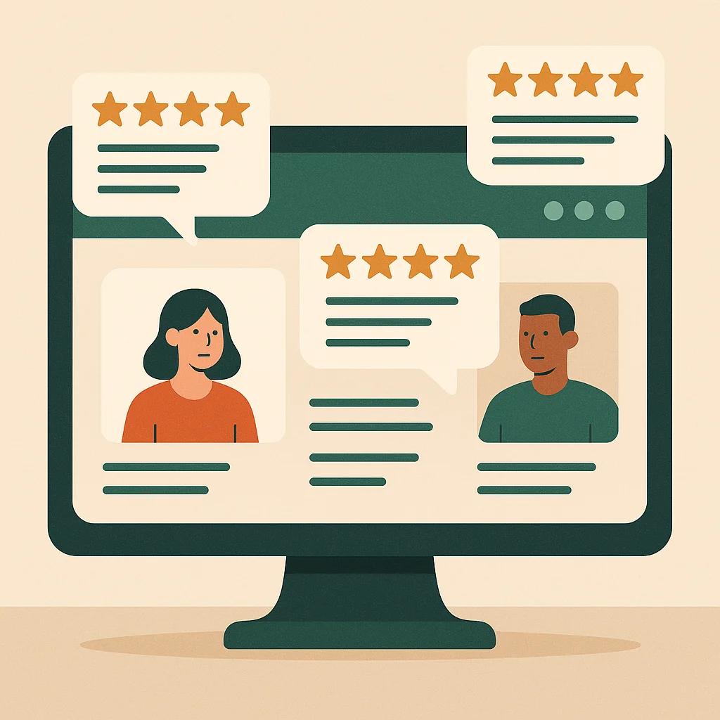 Ein Computerbildschirm zeigt eine moderne Website mit elegant integrierten Bewertungssternen und Kundenstimmen, die wie leuchtende Testimonials über die Seite schweben und Vertrauen ausstrahlen.
