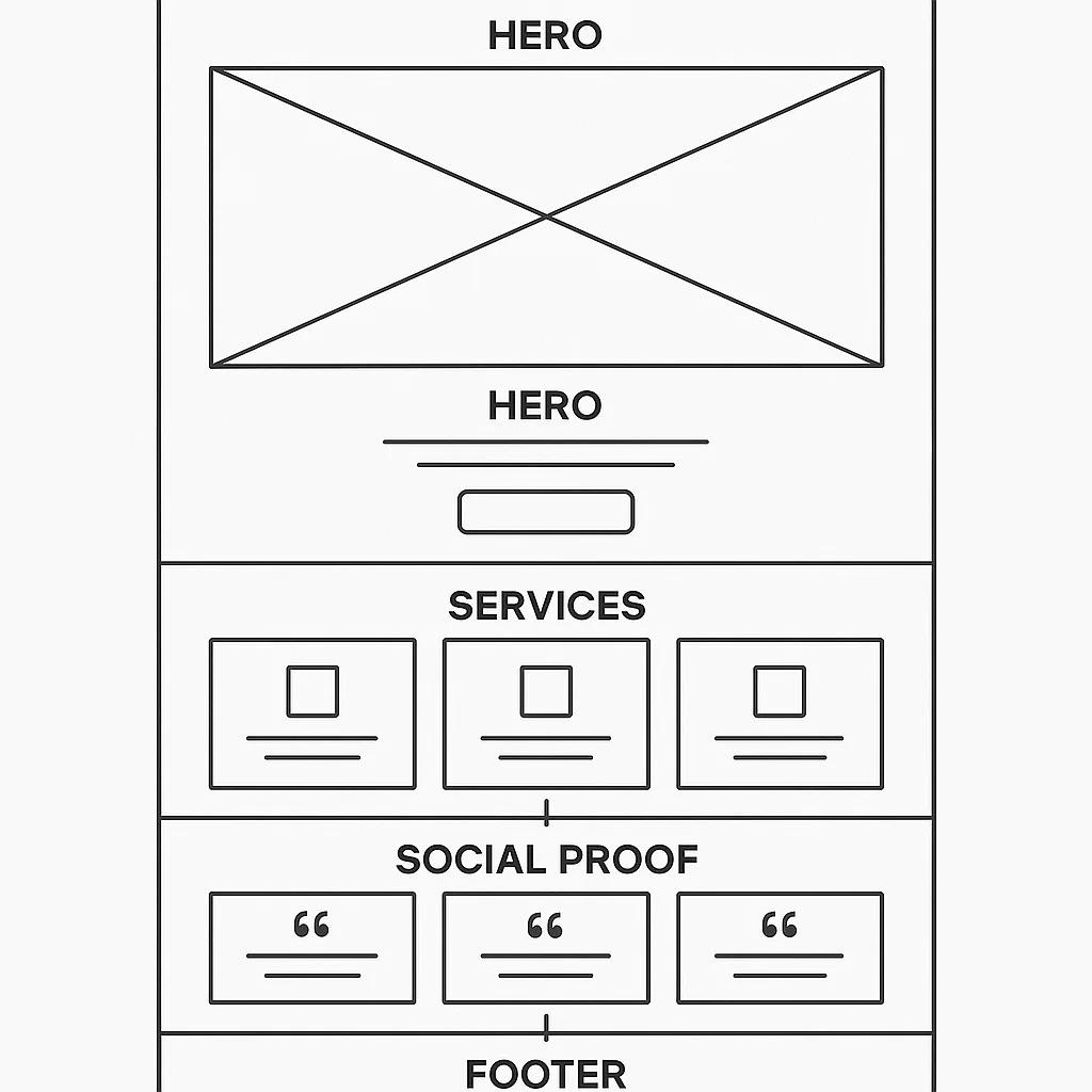 Eine schematische Darstellung einer Website-Startseite als Wireframe, aufgeteilt in verschiedene Bereiche (Header, Hero, Services, Social Proof, Footer), mit Pfeilen die den Nutzerfluss von oben nach unten zeigen, in einem sauberen, technischen Stil.