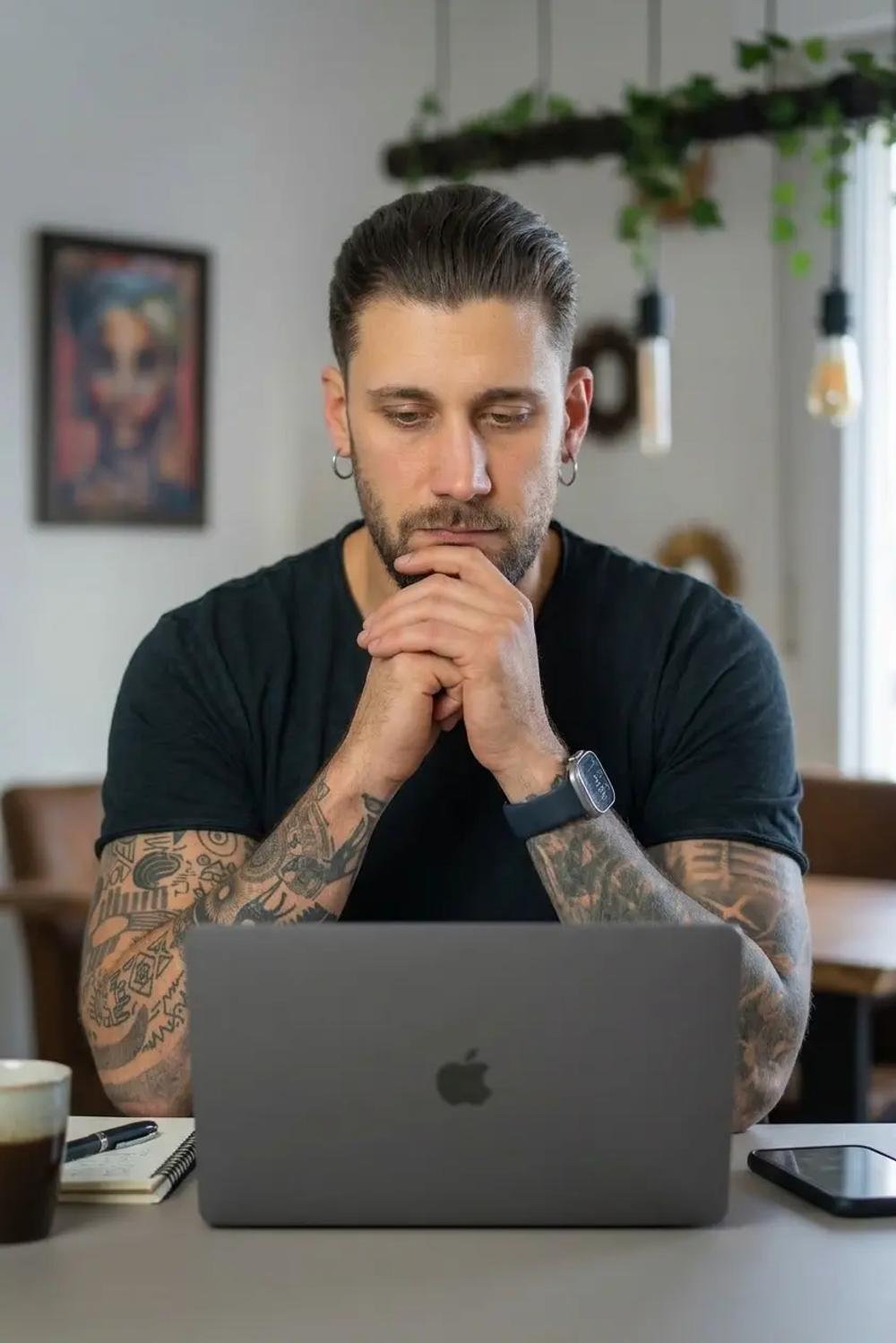 Eine Person sitzt nachdenklich vor einem Laptop, auf dem Bildschirm schwebt eine durchsichtige KI-Figur, die Code-Zeilen ausspuckt – die Person schaut skeptisch und hält ein Notizbuch in der Hand, bereit zum Lernen.