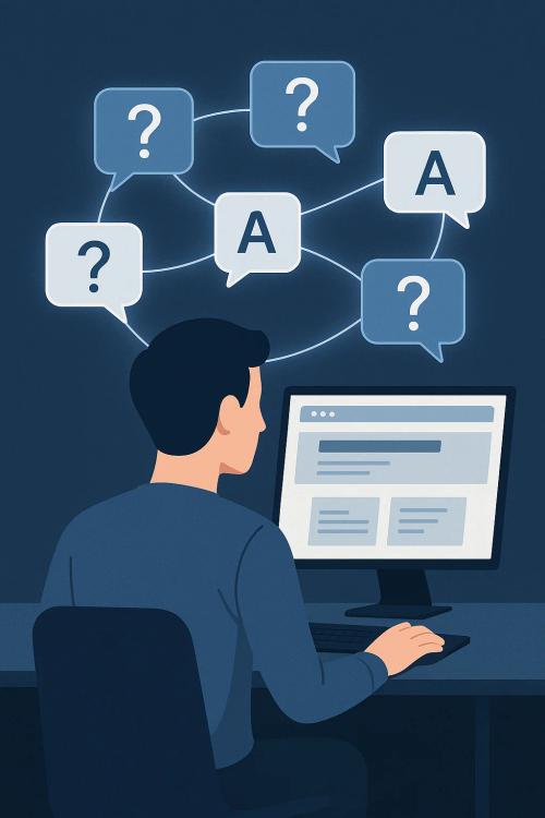 Eine moderne Illustration zeigt eine Person vor einem Computer, während über dem Bildschirm schwebende Sprechblasen mit Fragezeichen und präzisen Antworten zu sehen sind, verbunden durch leuchtende Linien, die den Informationsfluss symbolisieren.