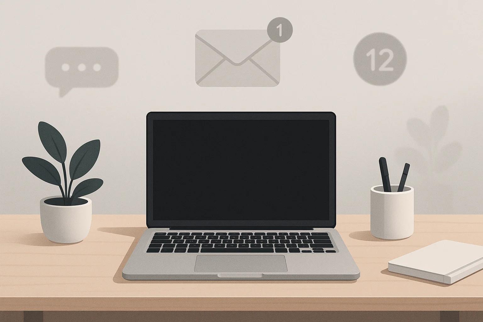 Ein aufgeräumter Schreibtisch mit nur einem geöffneten Laptop, umgeben von einer ruhigen, minimalistischen Atmosphäre, während im Hintergrund verschwommen verschiedene Benachrichtigungen und Ablenkungen zu sehen sind, die bewusst ignoriert werden.