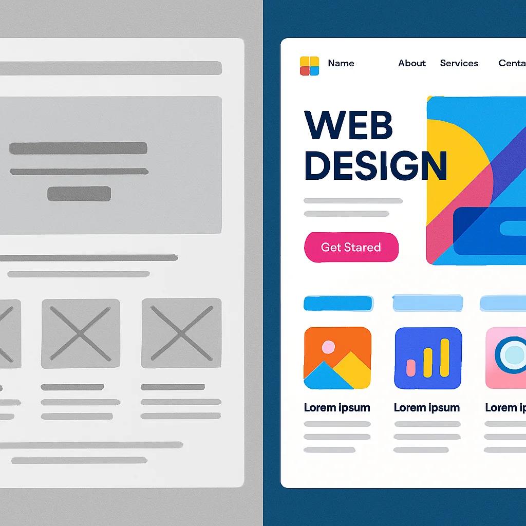 Ein Split-Screen-Bild, das links einen simplen Wireframe in Graustufen zeigt und rechts die fertige, farbenfrohe Website mit denselben Strukturelementen.
