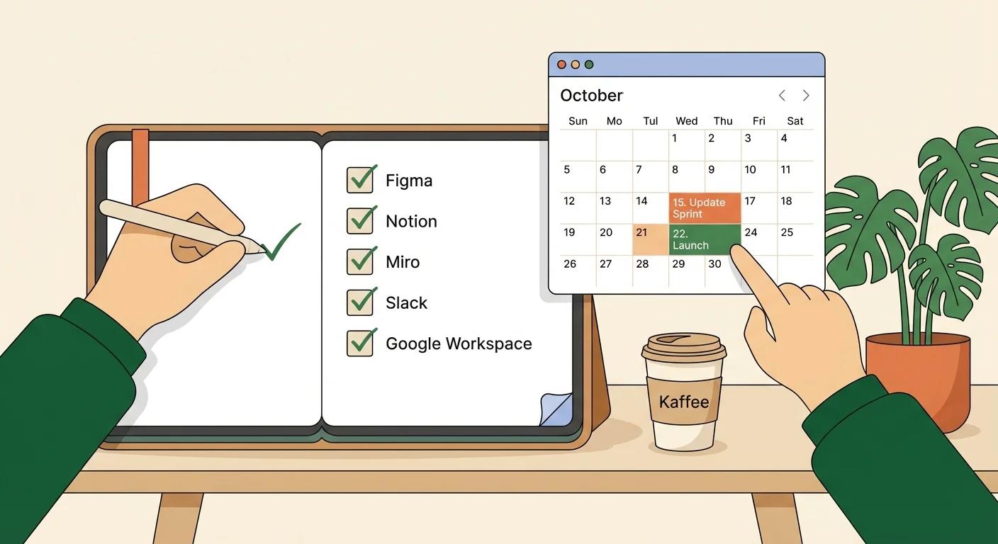 Ein aufgeschlagenes digitales Notizbuch mit einer Liste von Tools und Häkchen, daneben schwebt ein Kalender mit markierten Update-Terminen, alles in einem modernen, aufgeräumten Workspace mit Kaffeetasse und Zimmerpflanze.