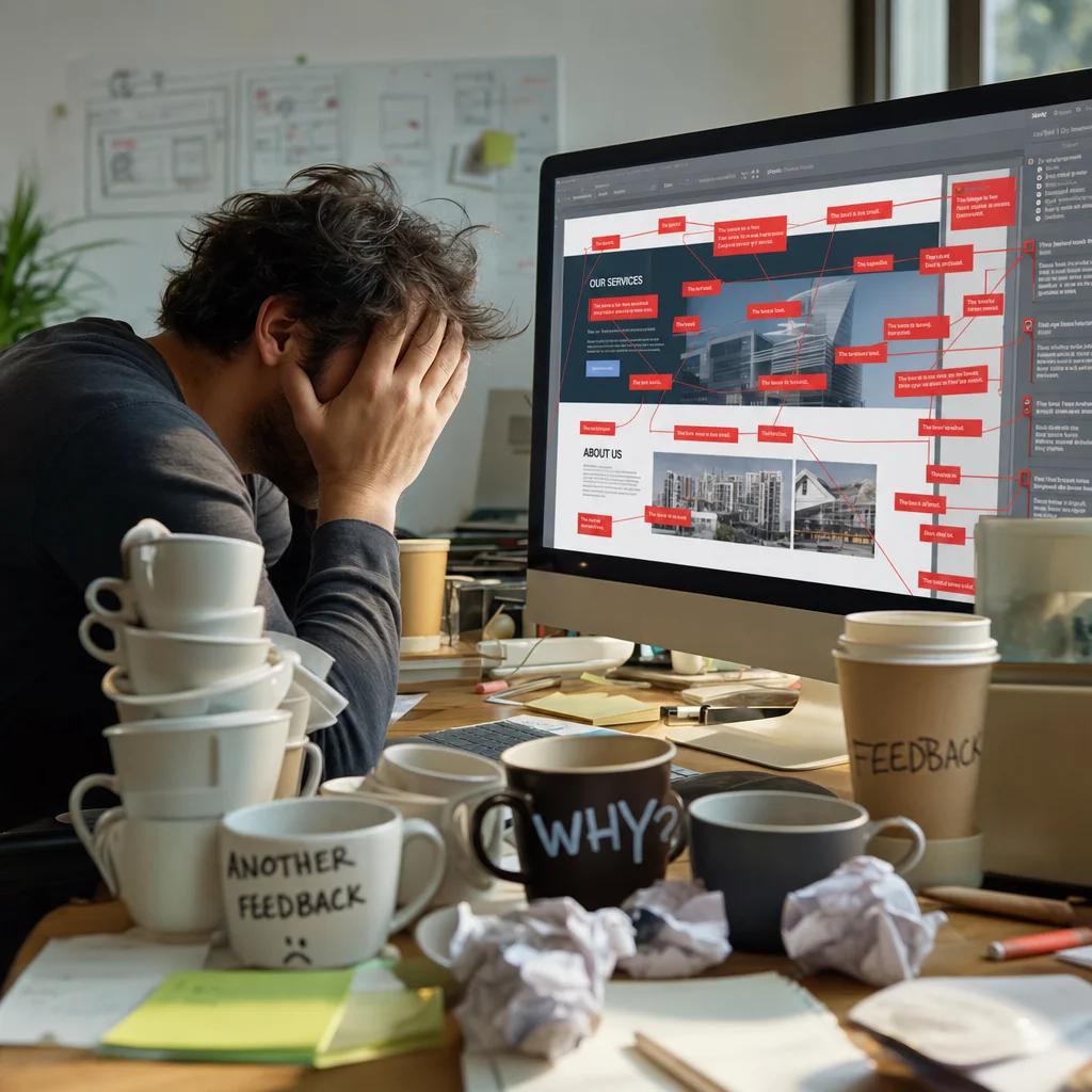 Eine Frustrationsszene am Schreibtisch -- eine Person hält sich die Hände vors Gesicht, auf dem Monitor sind unzählige rote Korrekturkommentare auf einem Website-Mockup zu sehen. Daneben stapeln sich Kaffeebecher. Humorvoll-übertriebene Darstellung des 