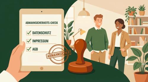 Eine stilisierte Checkliste auf einem Tablet-Bildschirm, daneben ein Stempel mit "Abmahnsicher", im Hintergrund ein gemütliches Büro mit Pflanzen und warmem Licht – alles wirkt professionell, aber zugänglich.
