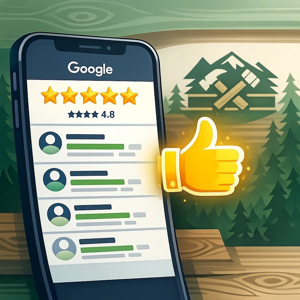 Ein Smartphone-Bildschirm in Nahaufnahme, auf dem ein Google Unternehmensprofil mit fünf goldenen Sternen und mehreren Bewertungen zu sehen ist, daneben schwebt ein leuchtender Daumen-hoch-Icon, im Hintergrund verschwommen das Logo eines Handwerksbetriebs.