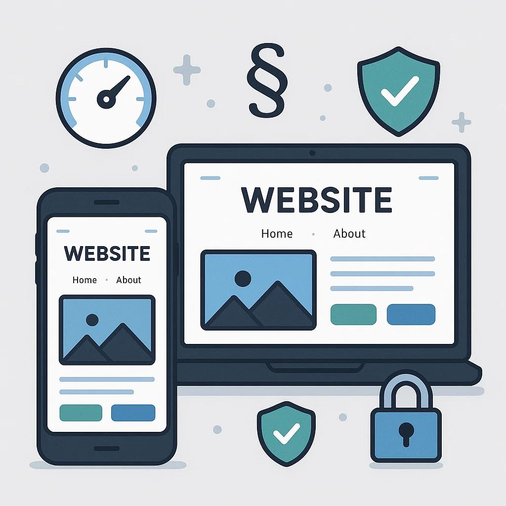 Ein Smartphone und Laptop zeigen beide dieselbe Website-Startseite, umgeben von Geschwindigkeits-Symbolen, Rechtssymbolen (Paragraph-Zeichen) und Sicherheits-Icons, alles in einem modernen, vertrauenerweckenden Design mit blauen und grünen Akzenten.