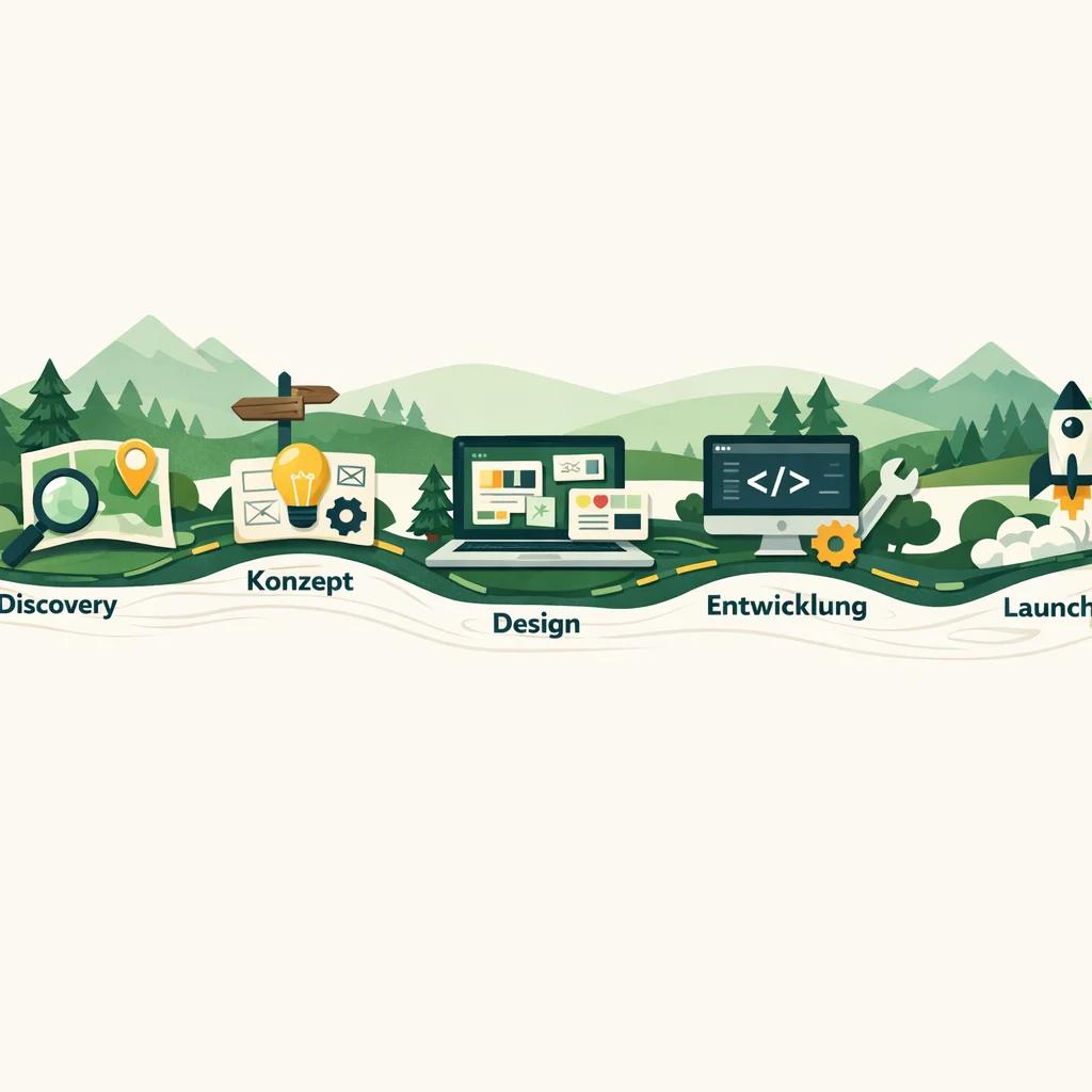 Ein Projektplan als illustrierte Roadmap mit verschiedenen Stationen (Discovery, Konzept, Design, Entwicklung, Launch), jede Station als Meilenstein mit kleinen Icons dargestellt, verbunden durch eine geschwungene Linie, die Fortschritt symbolisiert.