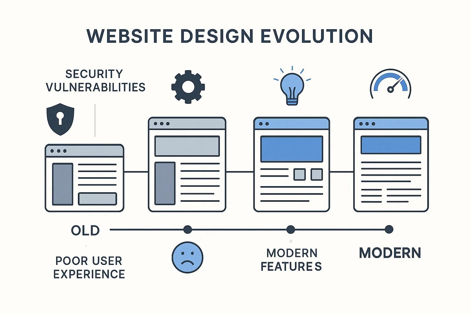 Eine Zeitleiste mit verschiedenen Website-Designs von alt zu modern, wobei jede Station mit Symbolen für Probleme (Sicherheitslücken, schlechte Nutzererfahrung) und Lösungen (moderne Features, bessere Performance) markiert ist.